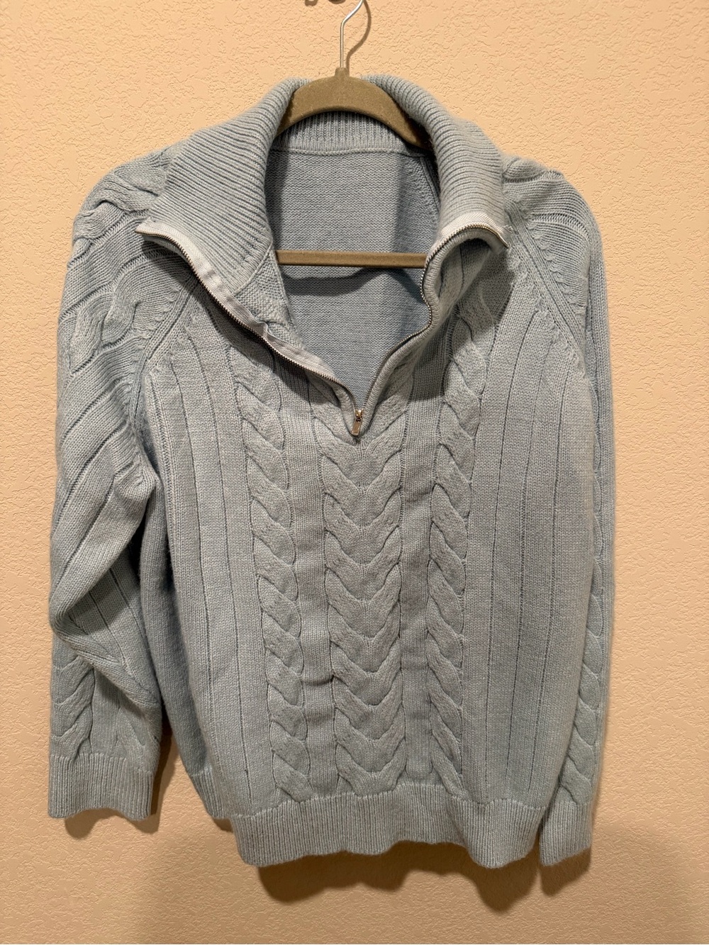 Men's Sky Blue Cable-Knit Half-Zip Sweater